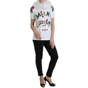 Dolce & Gabbana Elegant Sequined Cotton Tee IT38 XS White Ugly Sweater Grinchy
